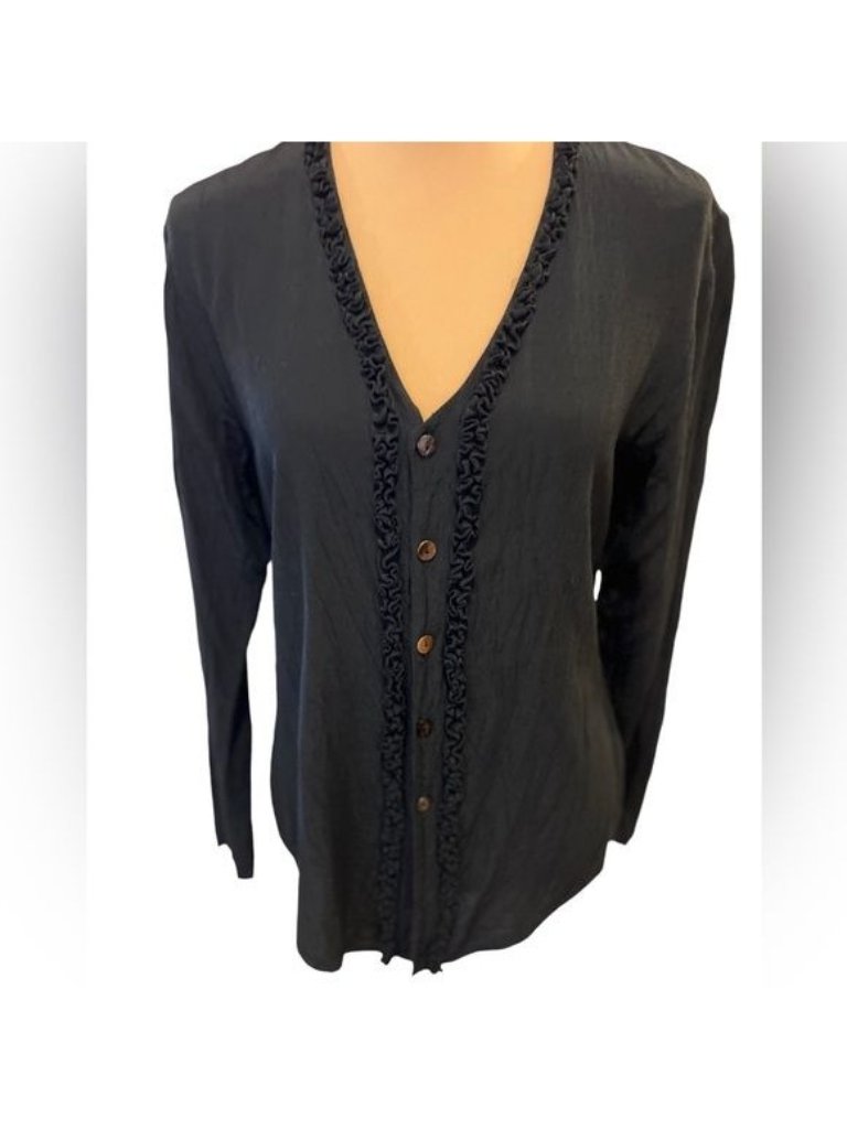 Cp Shades Women’s Shirt Size Medium Black Hand Dyed Top Ruffled Button Up